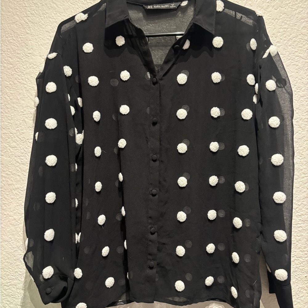 Zara Black Sheer Button-Down Shirt with White Pom Pom Dots